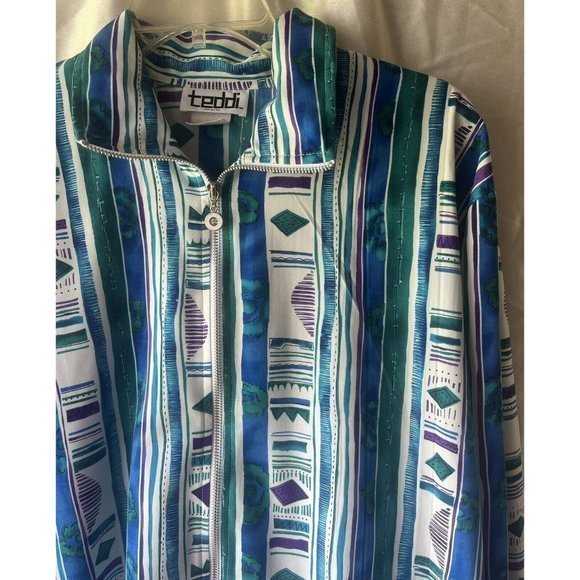 Vtg 90s Teddi Petite Zip Up Dressy Jacket Green Purple Blue White - Picture 2 of 5